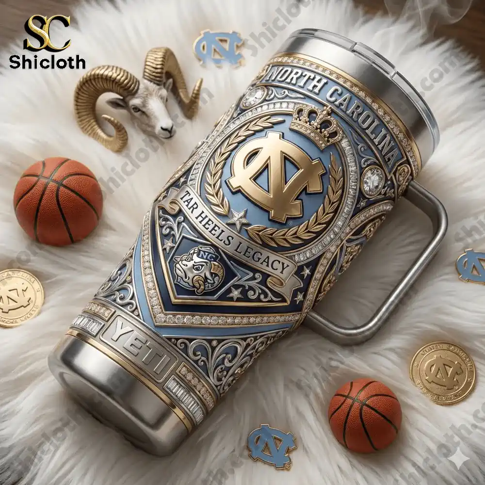 North Carolina Tar Heels tumbler on soft fur with basketball and ram decor