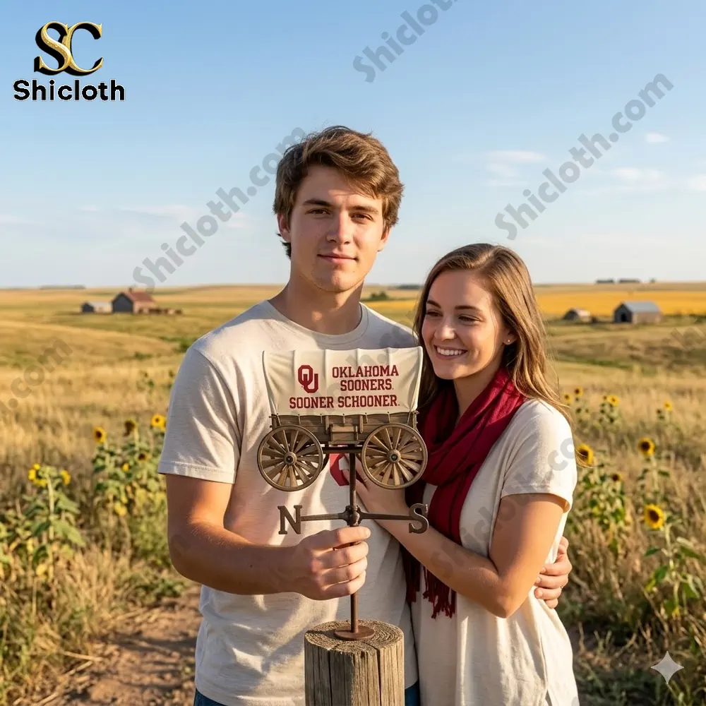 Couple holding Oklahoma Sooners schooner wind spinner in a sunflower field