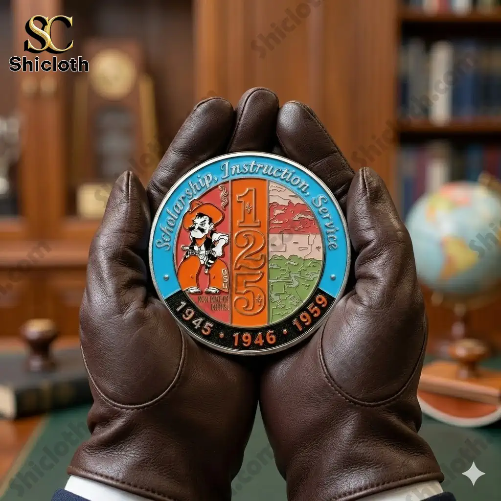 Commemorative coin held in brown leather gloves inside office setting