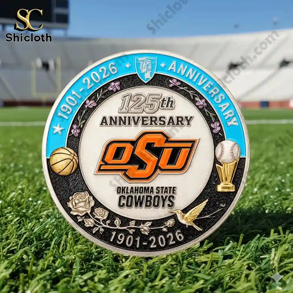 Oklahoma State Cowboys one hundred twenty five anniversary coin on stadium grass