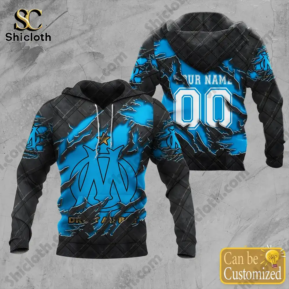 Blue black Olympique Marseille Ligue One edition hoodie with team emblem on front and custom name number on back!