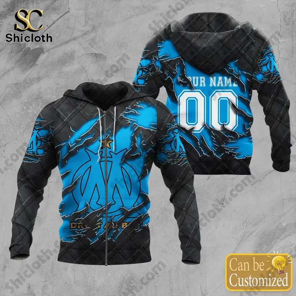 Blue black Olympique Marseille Ligue One edition zip hoodie with team emblem on front and custom name number on back!