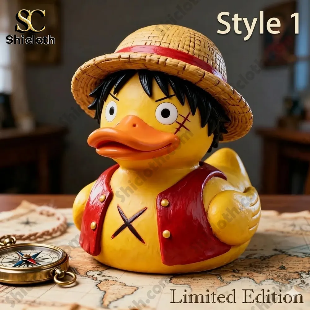 Pirate duck figure wearing straw hat and red vest displayed on a map with a compass!
