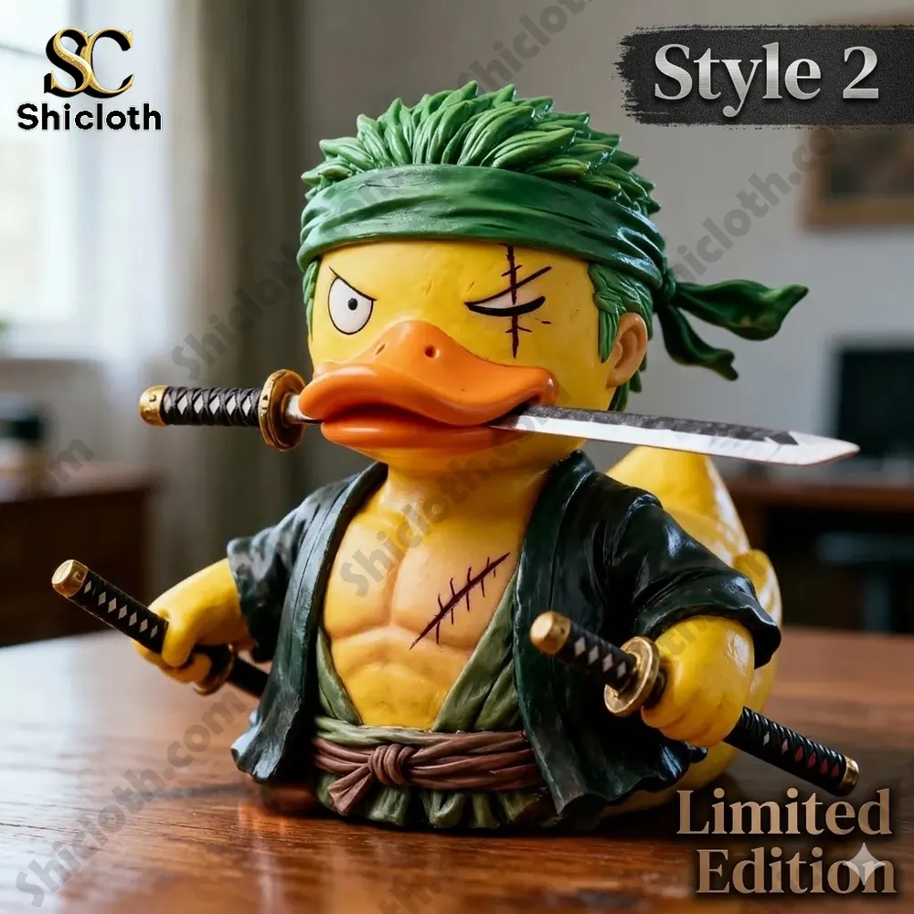 Sword master duck figure with green bandana holding three swords displayed on a wooden table!