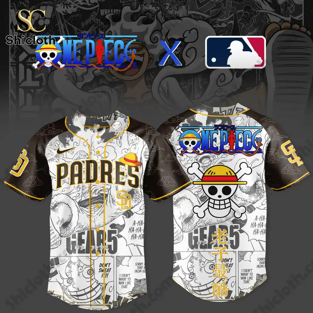 Front and back design of One Piece Padres baseball jersey by Shicloth featuring pirate skull art and anime style graphics!