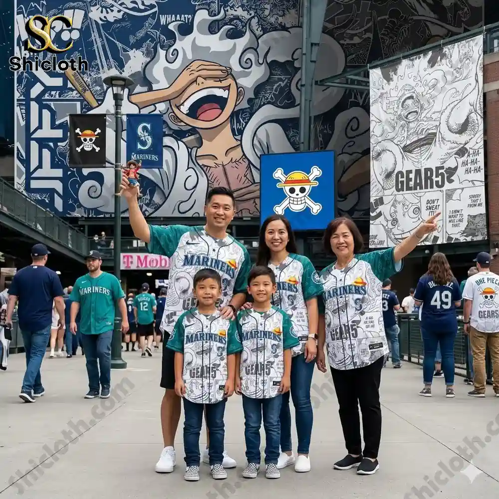 Family wearing Shicloth Seattle Mariners anime baseball jersey at stadium!