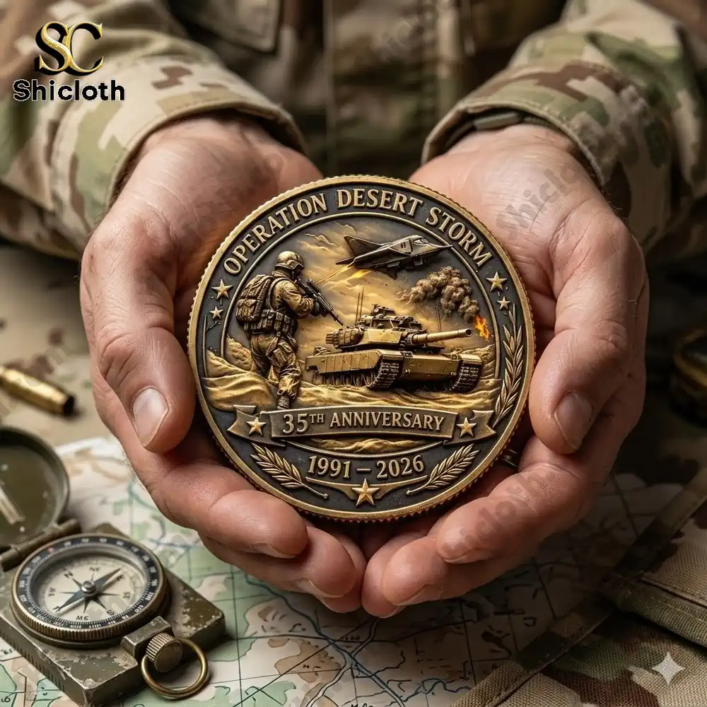 Soldier holding Operation Desert Storm thirty five anniversary commemorative coin over military map!