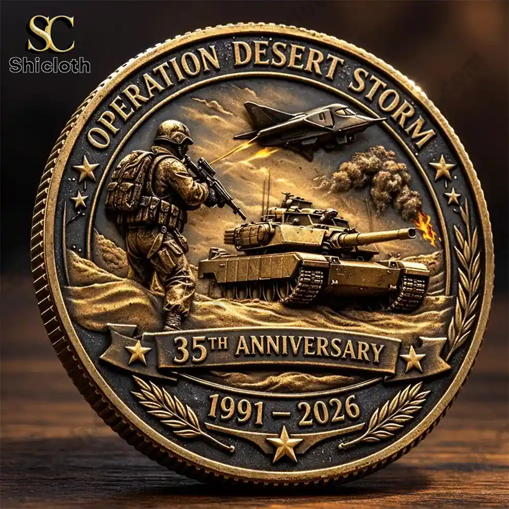 Close view of Operation Desert Storm thirty five anniversary commemorative coin with soldier tank and fighter jet!