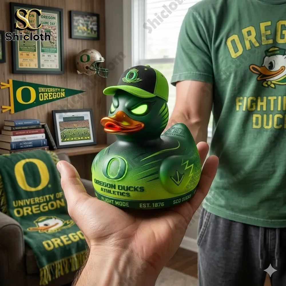 Oregon Ducks themed collector duck held in hand in sports decorated room!