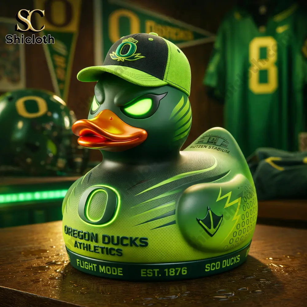 Close up of Oregon Ducks collector duck with glowing green eyes and cap!