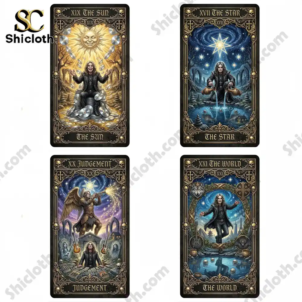 Rock themed tarot cards featuring Sun Star Judgement and World designs!