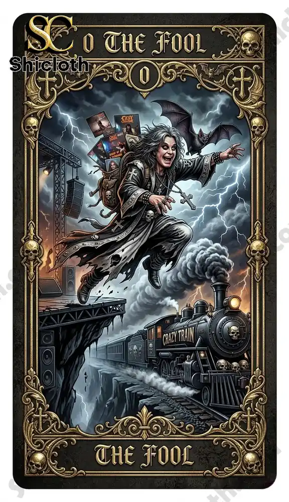 The Fool tarot card with a rock figure jumping from stage above train!
