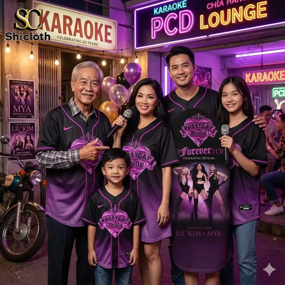 Family wearing Shicloth Pussycat Dolls forever tour baseball jersey in colorful karaoke lounge!