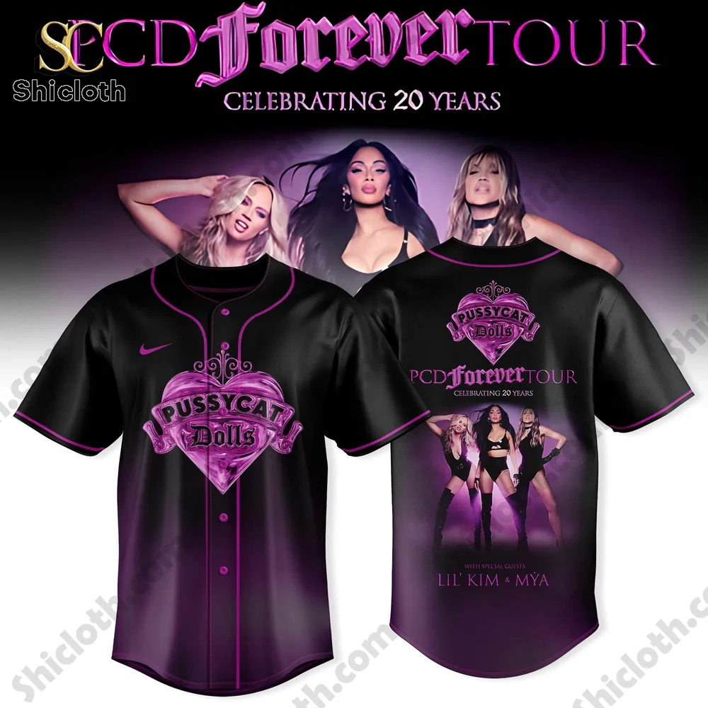 Front and back view of Shicloth Pussycat Dolls forever tour baseball jersey design!