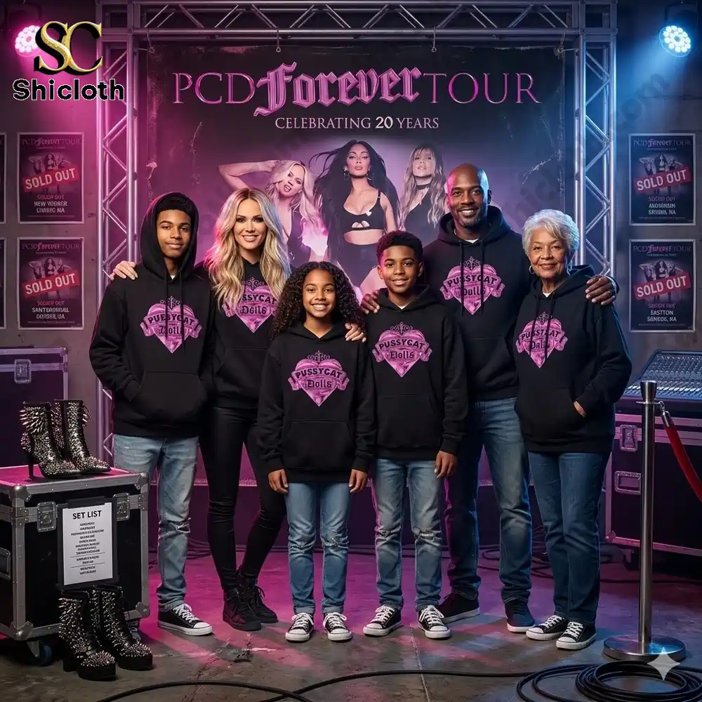 Family wearing Shicloth PCD Forever Tour hoodie at music tour stage!