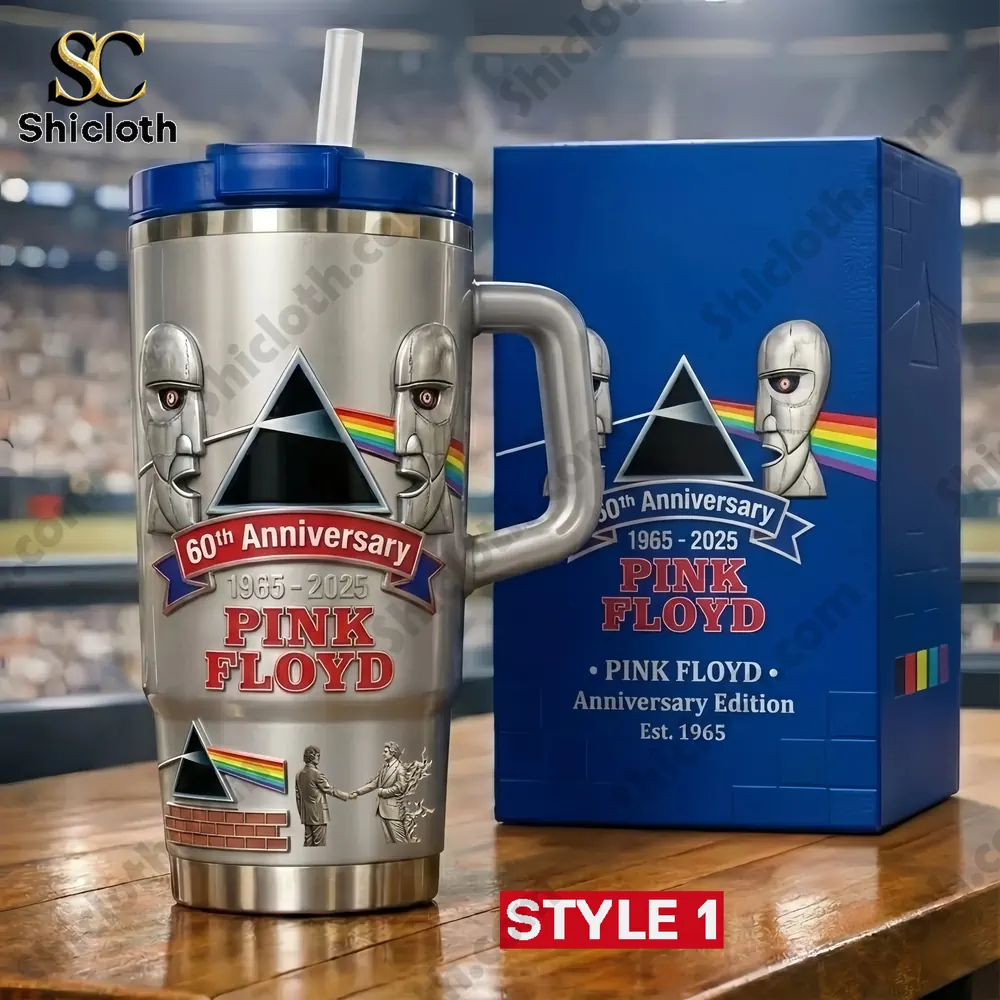 Silver Pink Floyd anniversary tumbler with prism rainbow design from Shicloth!