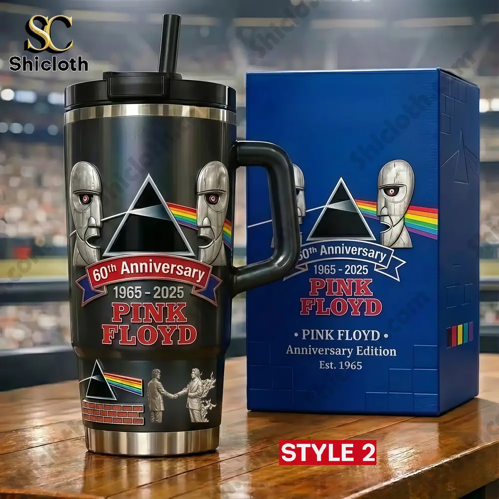 Black Pink Floyd anniversary tumbler with prism rainbow design from Shicloth!