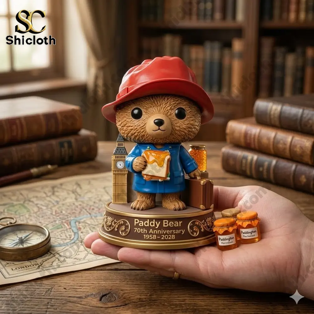 Paddy Bear anniversary collector figure with red hat blue coat and honey sandwich on decorative base held in hand!