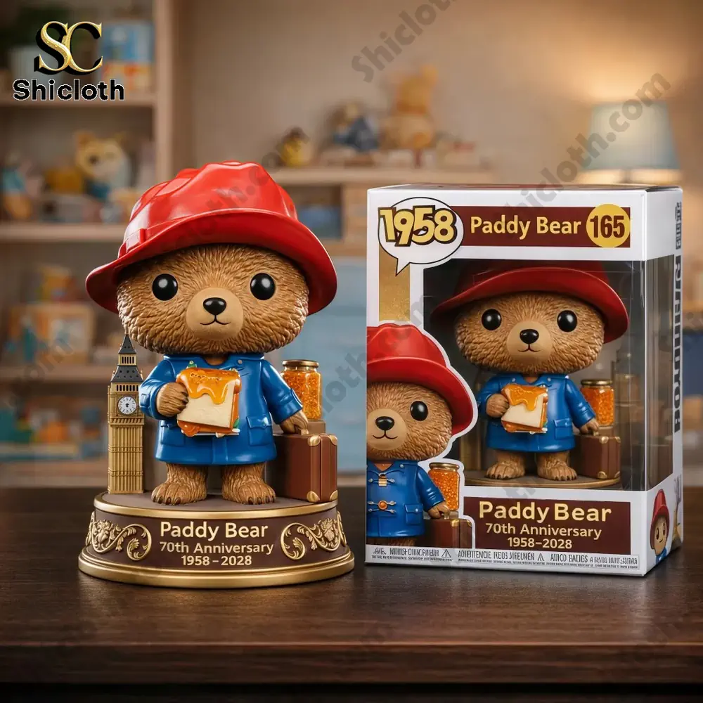 Paddy Bear anniversary collector figure with red hat blue coat honey sandwich and display box on wooden table!