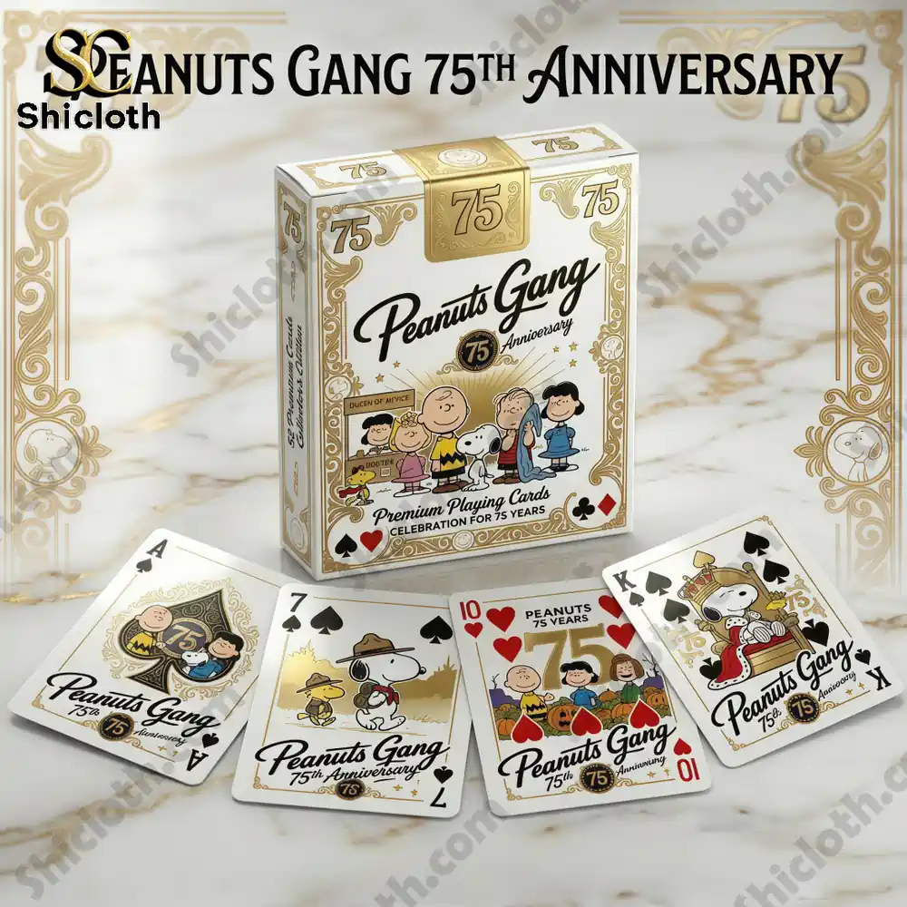 Peanuts seventy five anniversary playing cards box and cards display