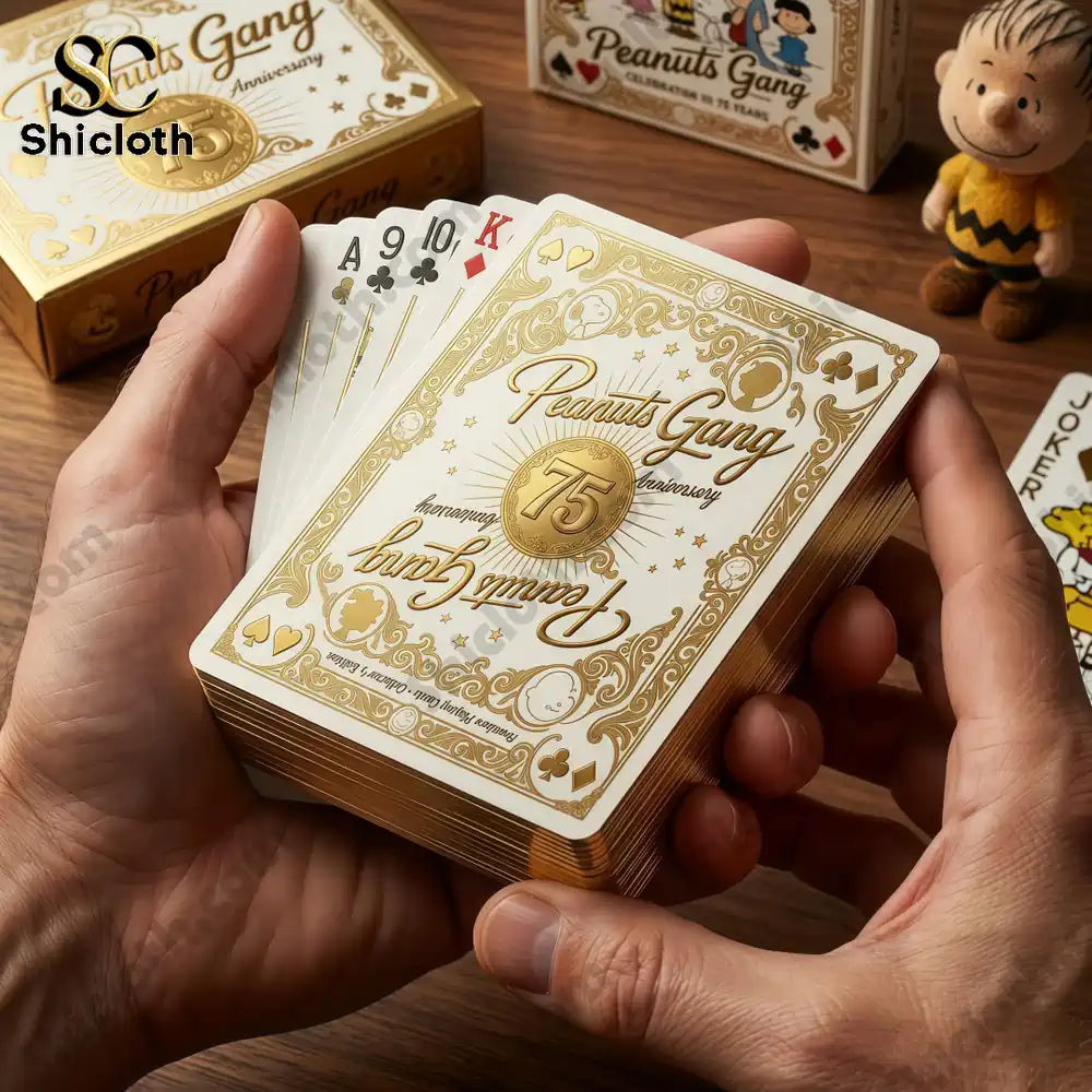 Hands holding Peanuts anniversary playing cards deck close view