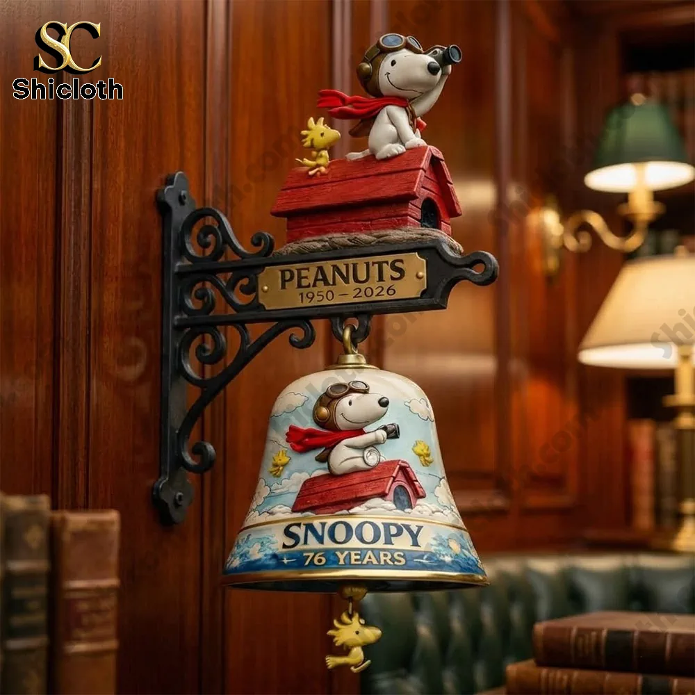 Peanuts Snoopy seventy six years commemorative wall bell mounted on wooden wall in elegant room!