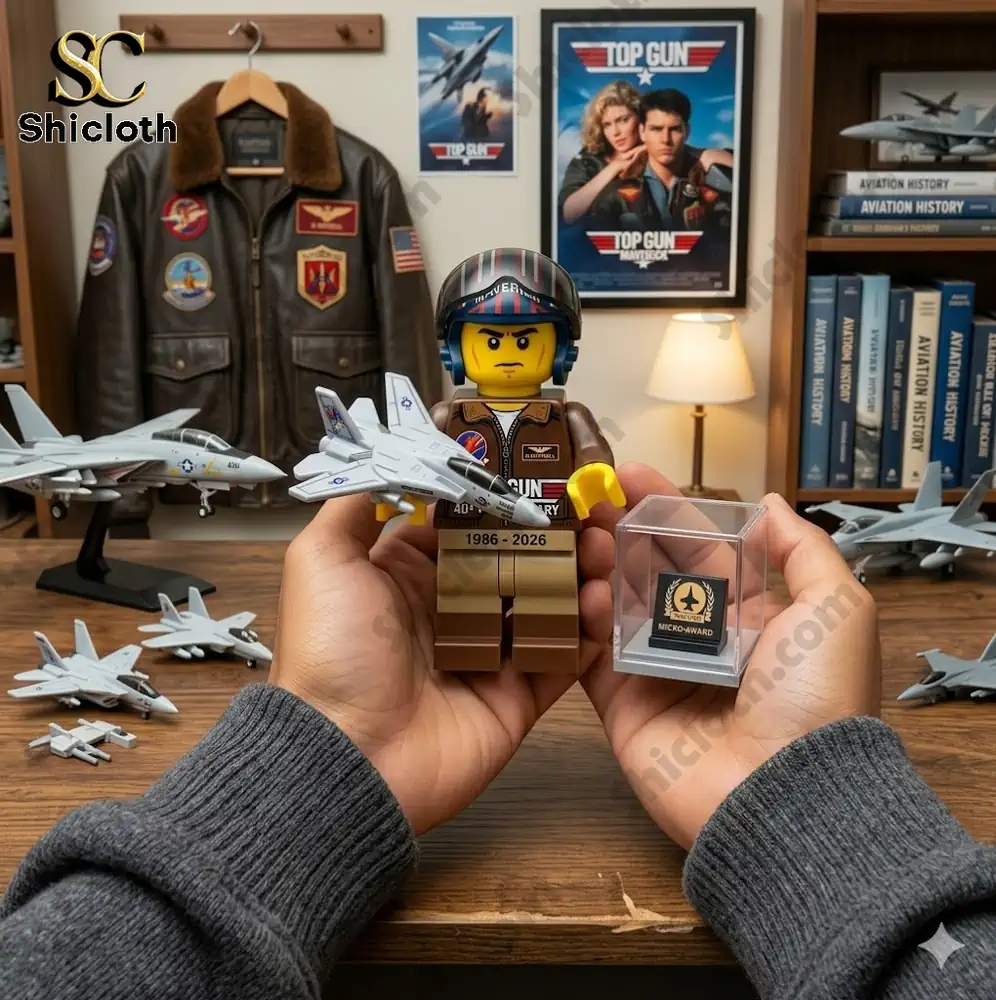 Toy pilot figure holding jet model on desk