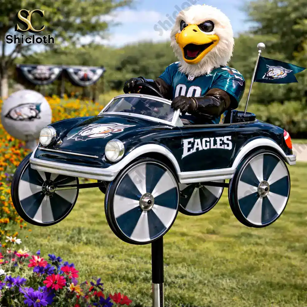 Eagle mascot driving Eagles themed car wind spinner in a garden!