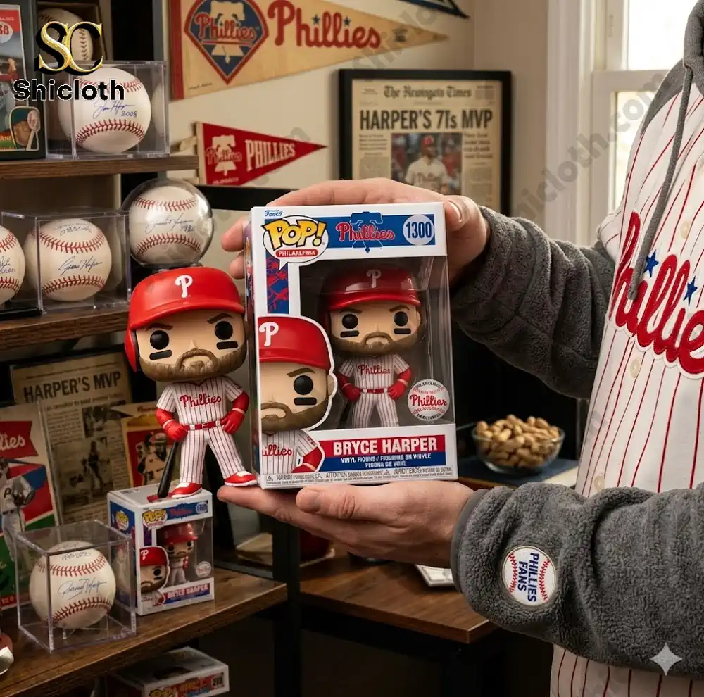 Bryce Harper Phillies vinyl figure box held in baseball fan collection room by Shicloth!