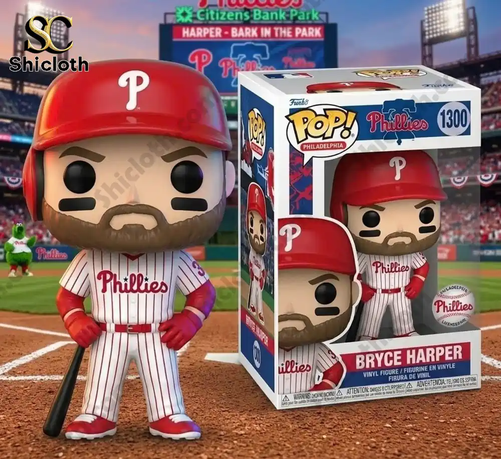 Bryce Harper Phillies vinyl figure standing on baseball field with collectible box by Shicloth!