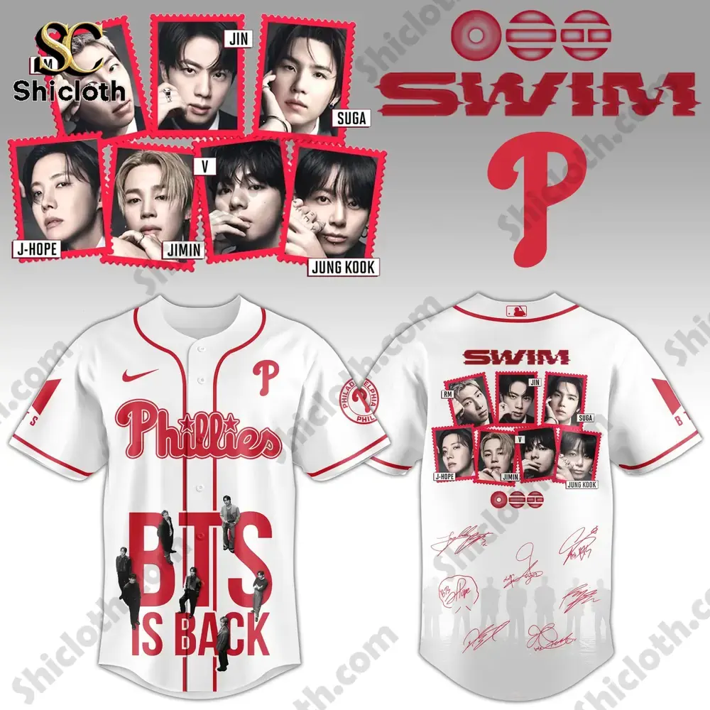 Philadelphia Phillies BTS themed baseball jersey with Swim design and member portraits from Shicloth shop