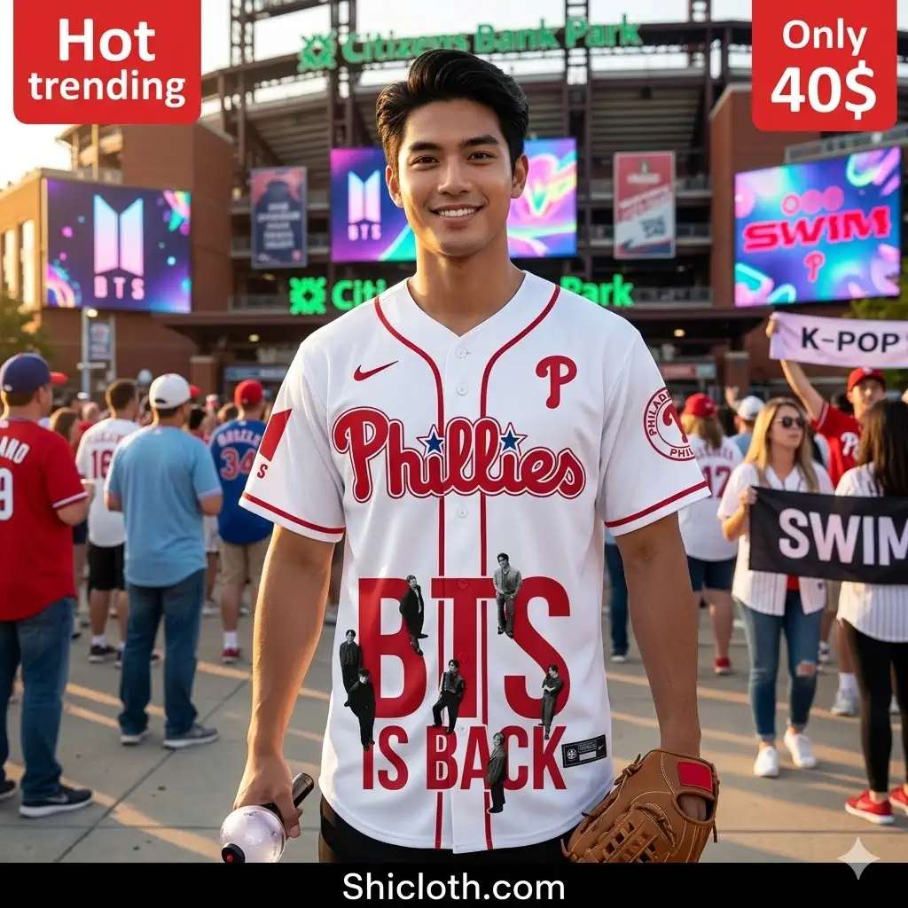 Model wearing Philadelphia Phillies BTS Swim baseball jersey at stadium from Shicloth shop
