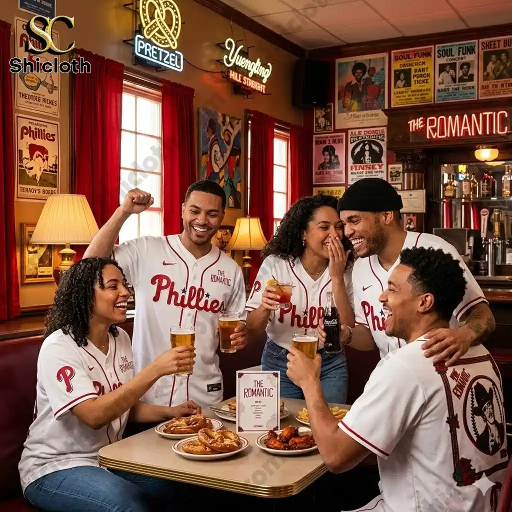 Group of friends wearing Philadelphia Phillies Bruno Mars The Romantic Tour jerseys at a bar raising drinks and celebrating together.
