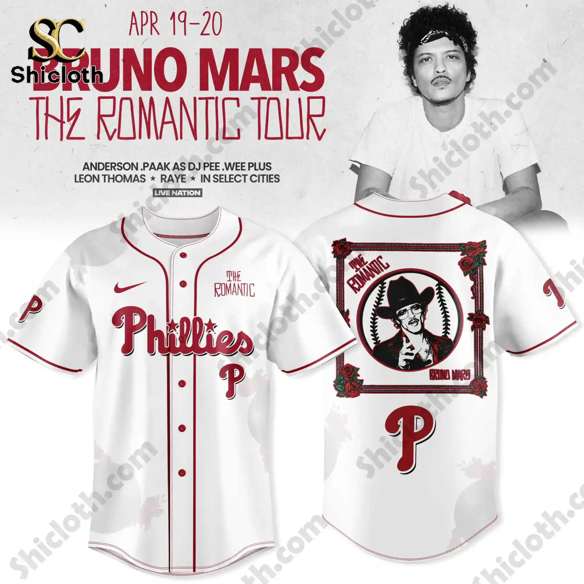Front and back view of white Philadelphia Phillies Bruno Mars The Romantic Tour jersey with red lettering and portrait graphic.