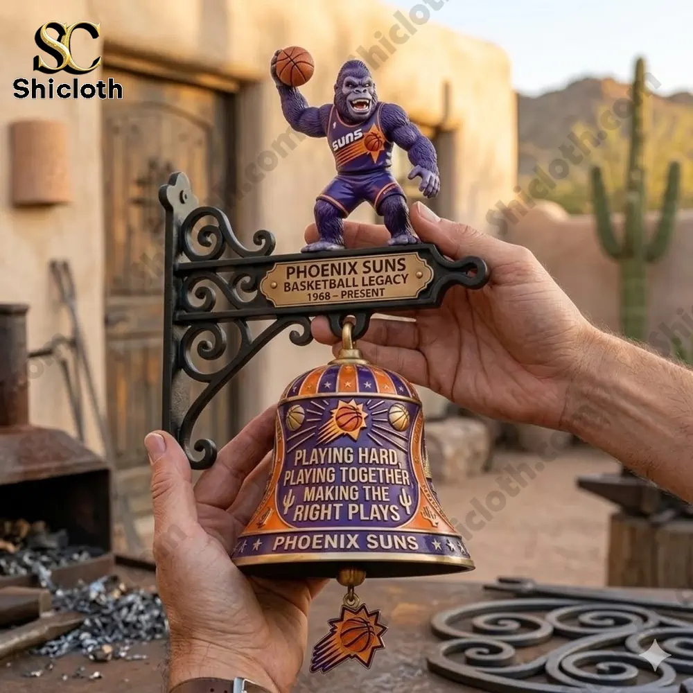 Hand holding Phoenix Suns Basketball Legacy Wall Bell with gorilla mascot figure from Shicloth!