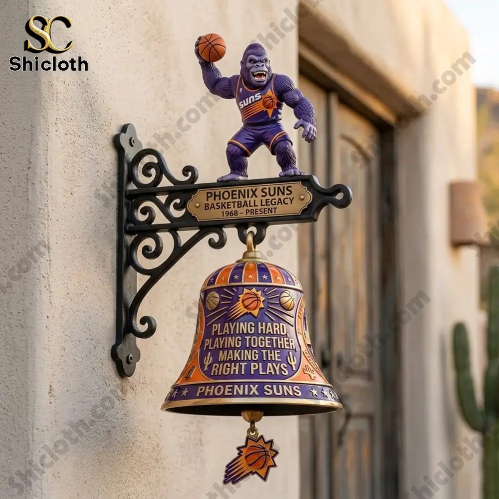 Phoenix Suns Basketball Legacy Wall Bell mounted on wall with gorilla mascot from Shicloth!