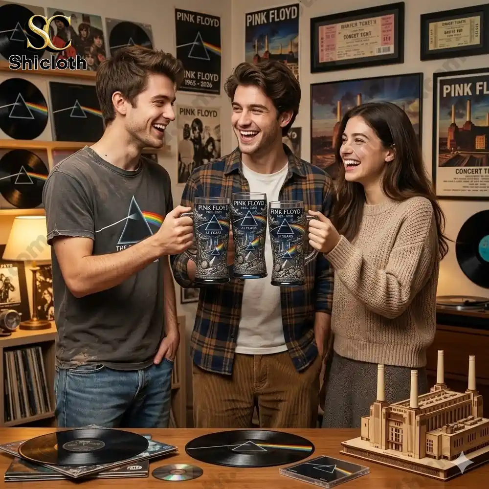 friends holding pink floyd anniversary relief pint glass in music room with vinyl records and posters!