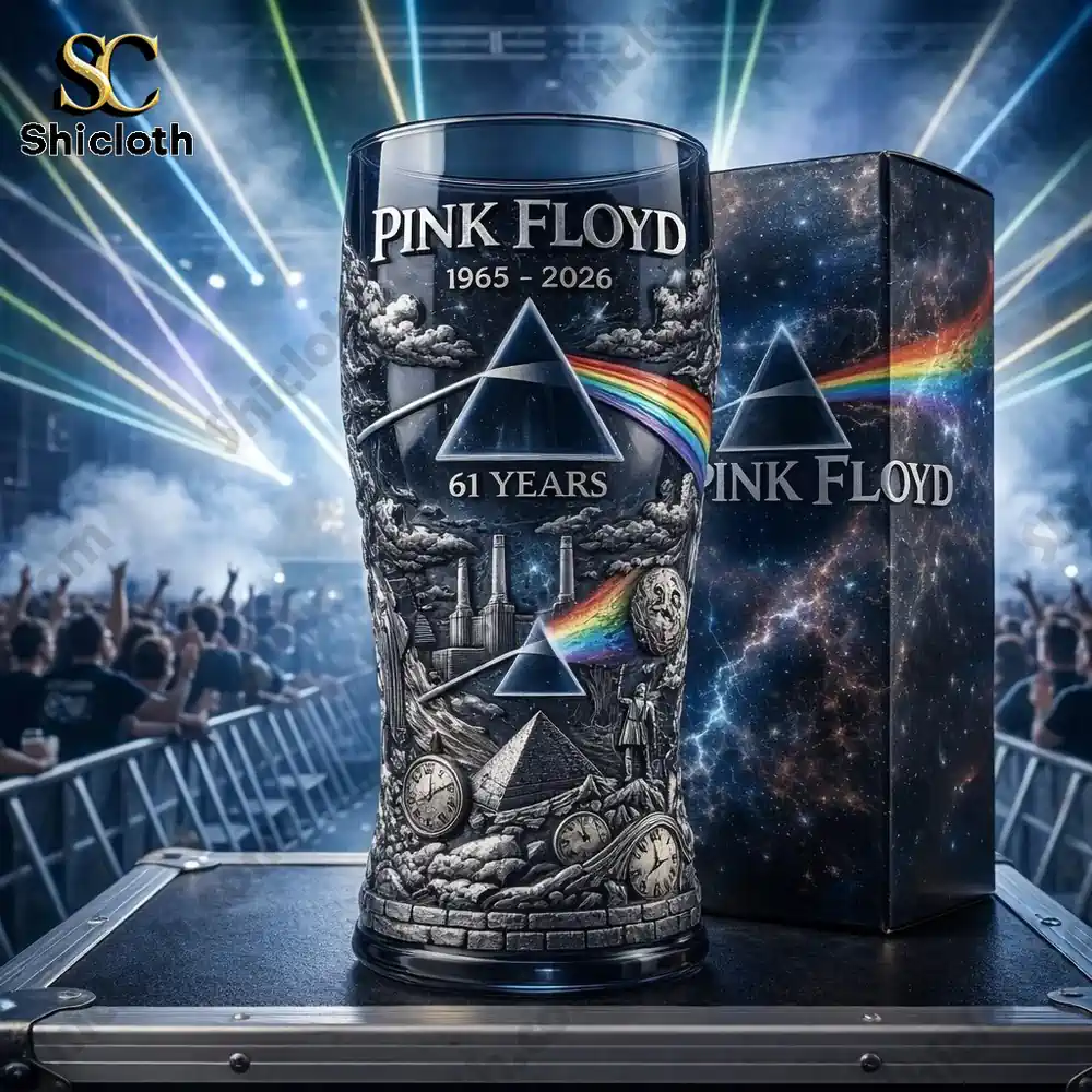 pink floyd anniversary relief pint glass with rainbow prism design on concert stage background!