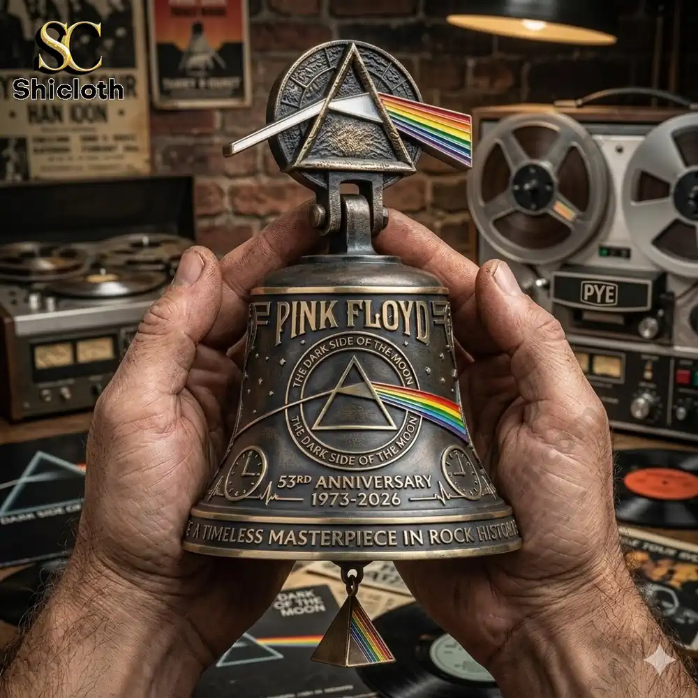 Hands holding Pink Floyd anniversary wall bell with prism rainbow design by Shicloth!