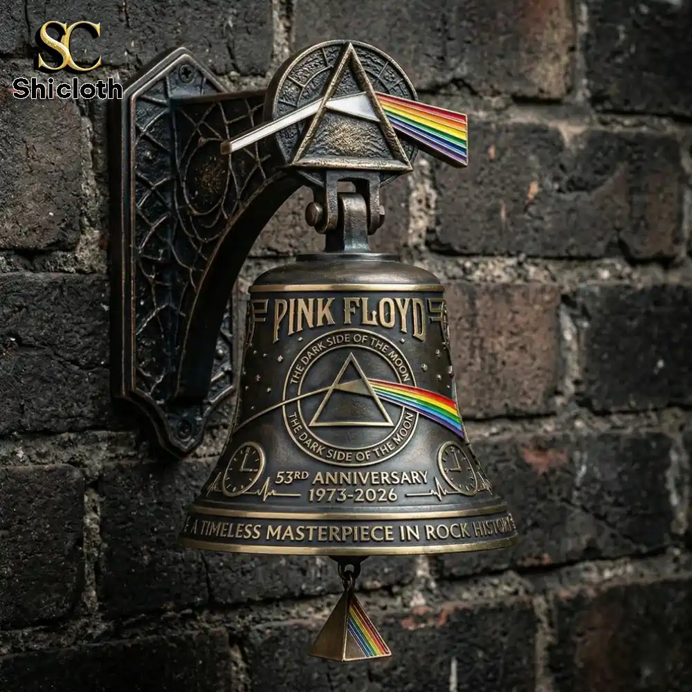 Pink Floyd anniversary wall bell mounted on brick wall with prism rainbow design by Shicloth!