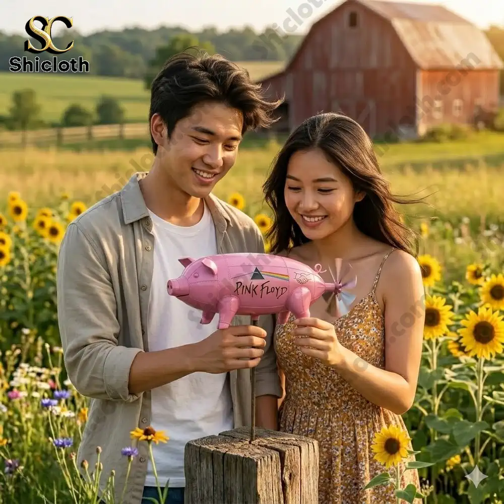 Couple holding pink pig wind spinner in sunflower field!