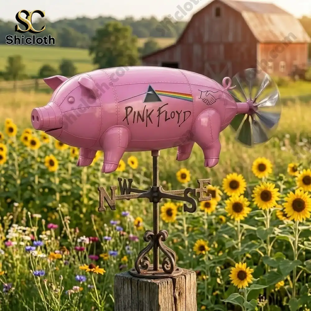 Close view of pink pig wind spinner in sunflower field!