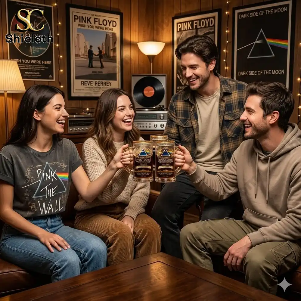 Friends holding pink floyd themed beer mugs in a cozy music room