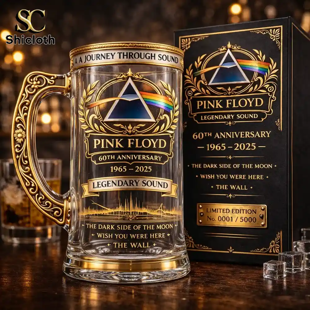 Close view of pink floyd anniversary beer mug with decorative box