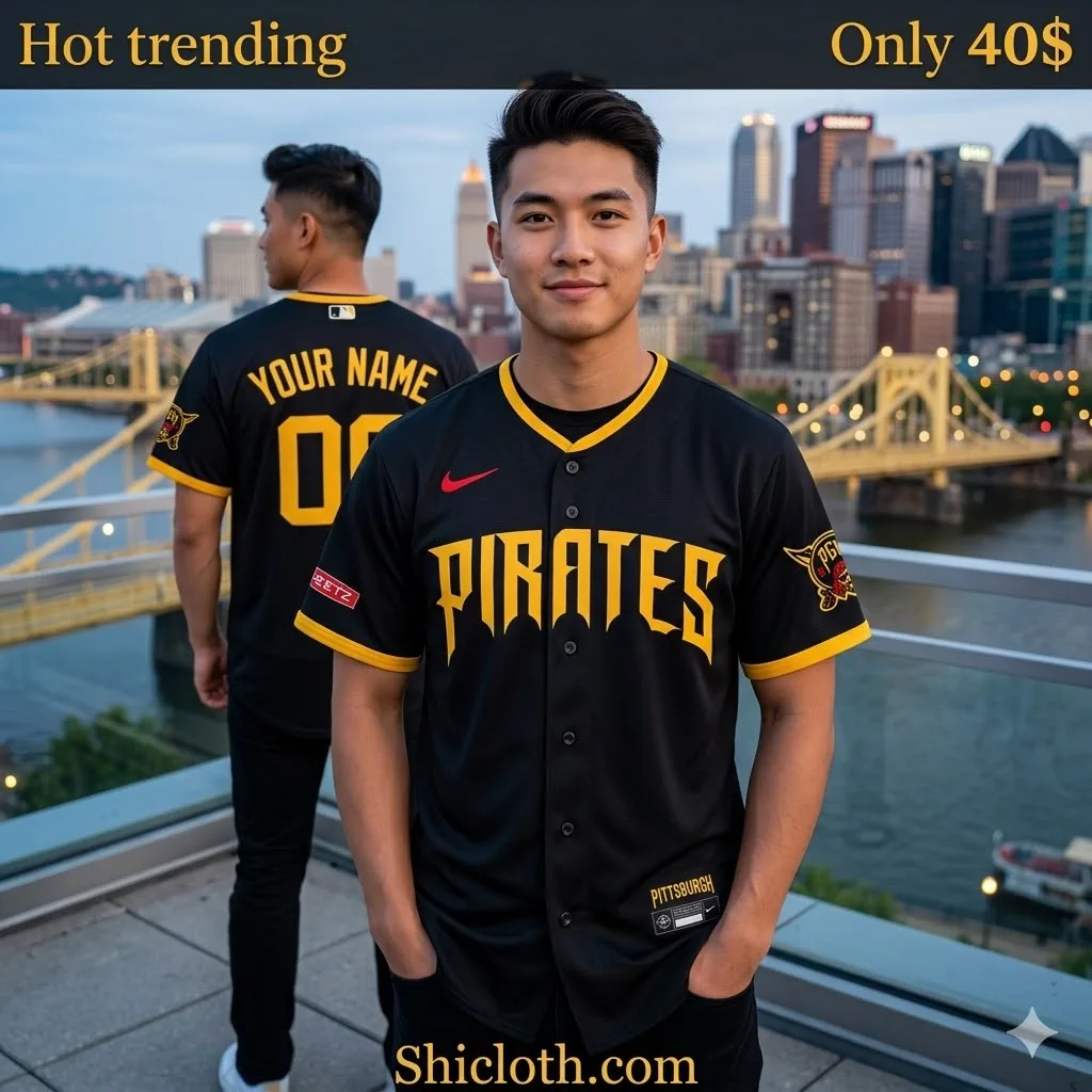 Model wearing black Pittsburgh Pirates City Connect jersey in city skyline!