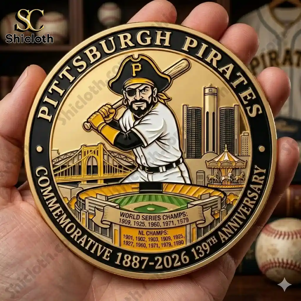 pittsburgh pirates anniversary commemorative coin held in hand with pirate batter stadium and city design by shicloth!