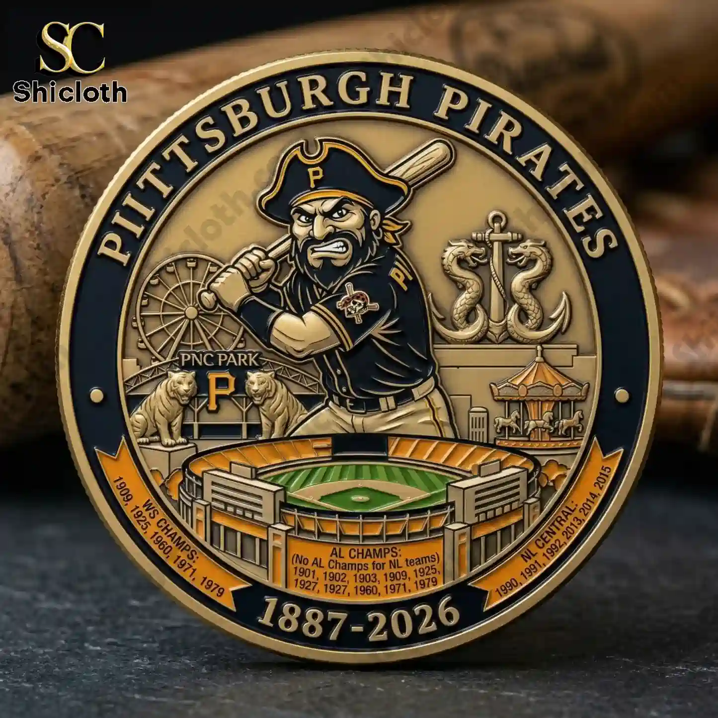 pittsburgh pirates anniversary commemorative coin with fierce pirate batter stadium icons and baseball bat background by shicloth!