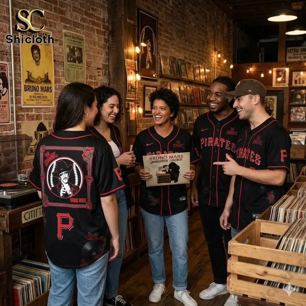 Group of friends wearing black Shicloth Bruno Mars Pirates jerseys in a vintage record store