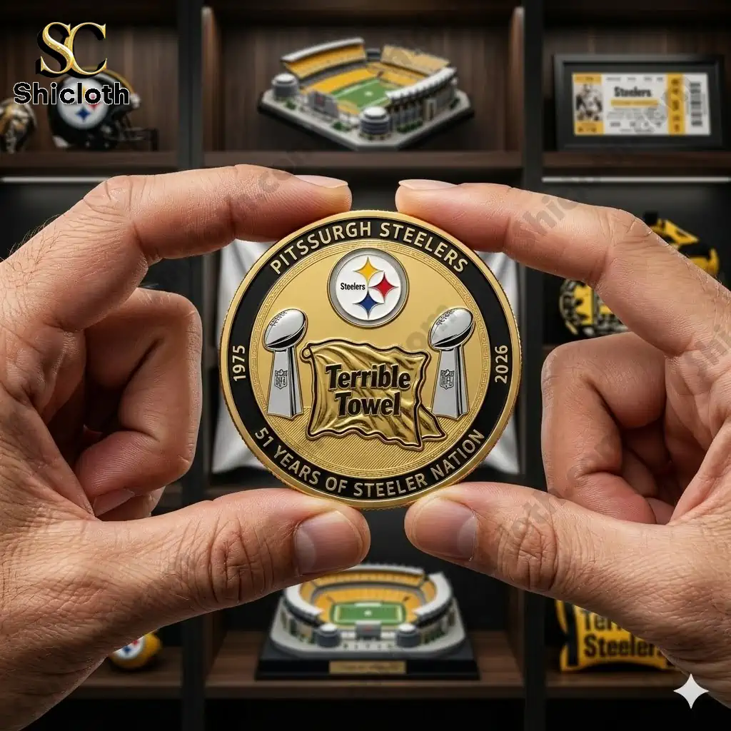 Hands holding Pittsburgh Steelers Terrible Towel commemorative coin in front of Shicloth display shelf