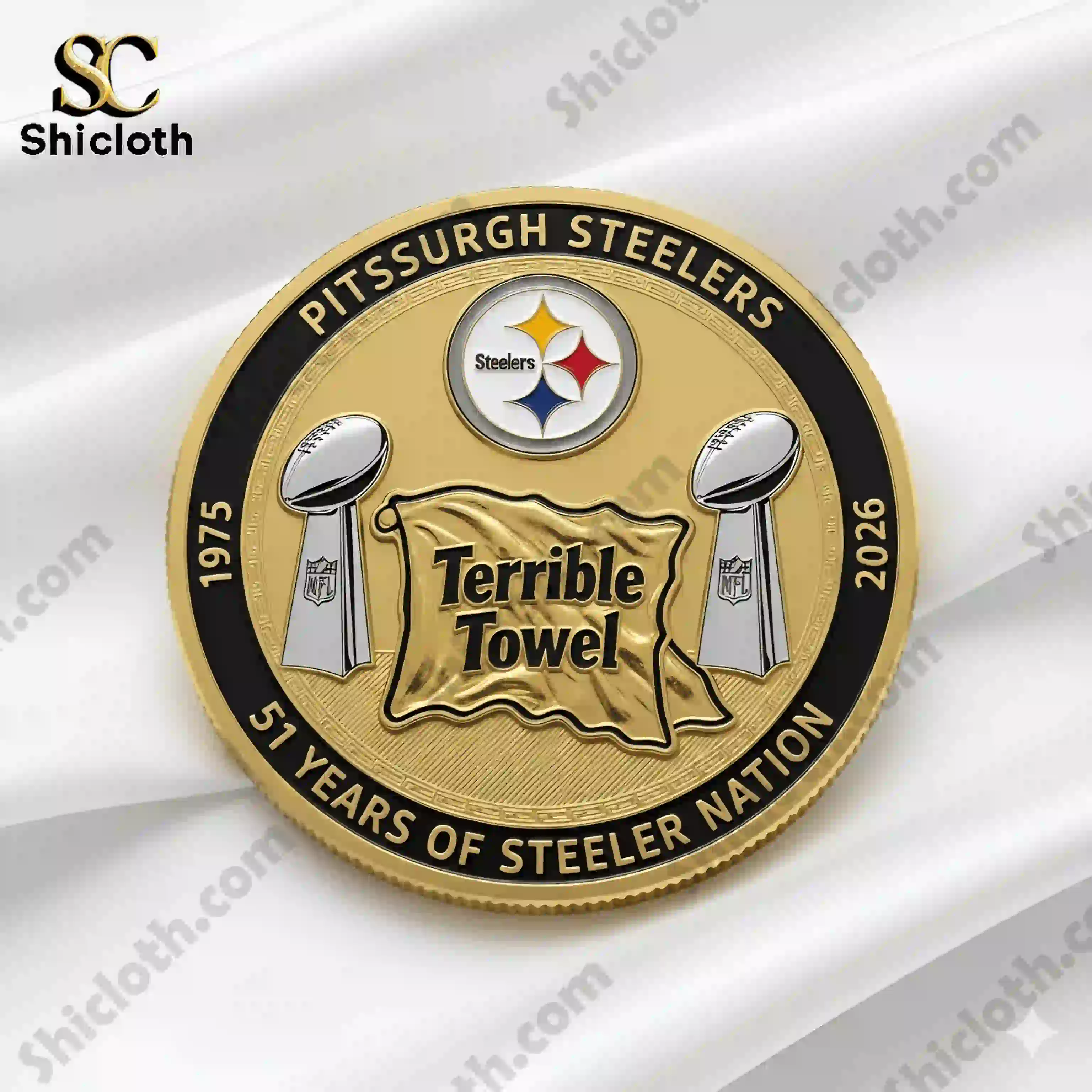 Front view of Pittsburgh Steelers Terrible Towel fifty one years commemorative coin by Shicloth